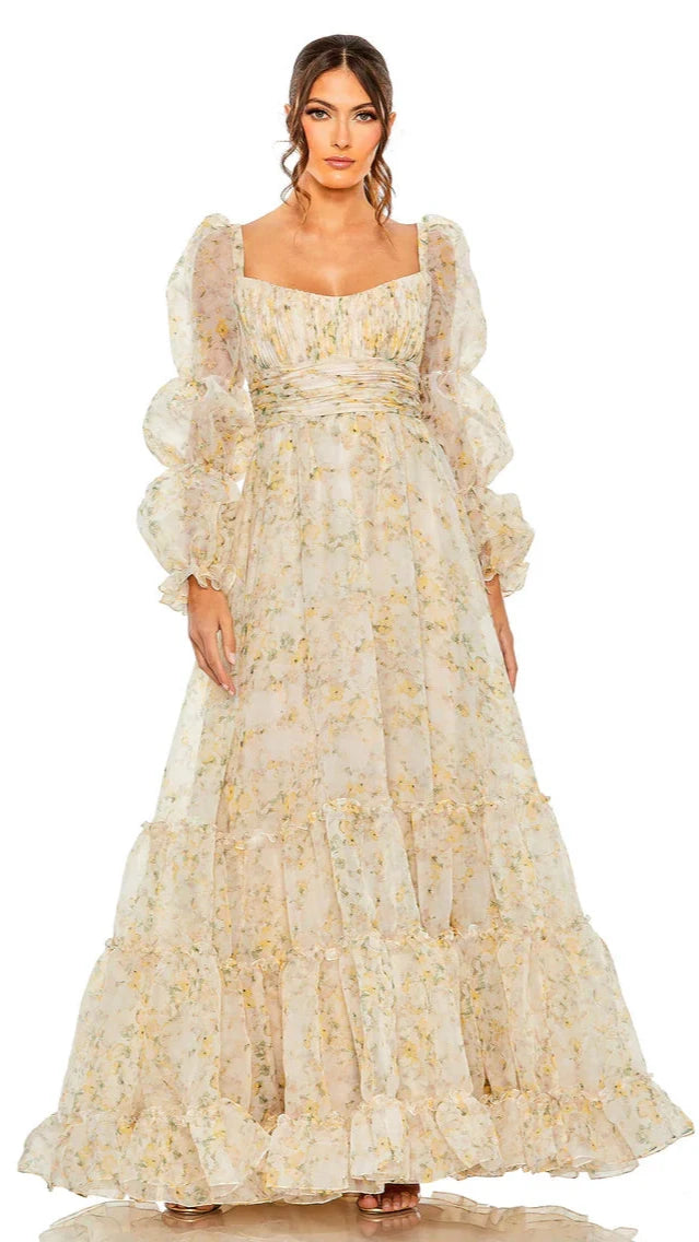 Floral Puff-Sleeve Tiered Chiffon Gown