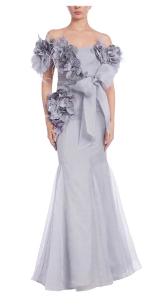 Off-Shoulder Gown with Florals and Feathers