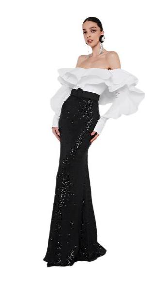 Ruffled Off the Shoulders Sequin Combo Gown EG4285