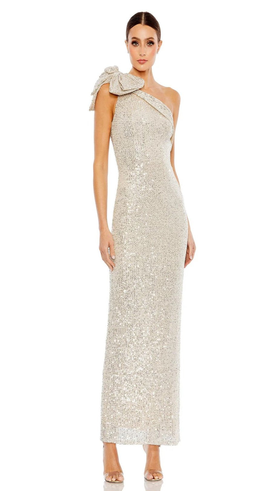 Sequined Bow One Shoulder Column Gown
