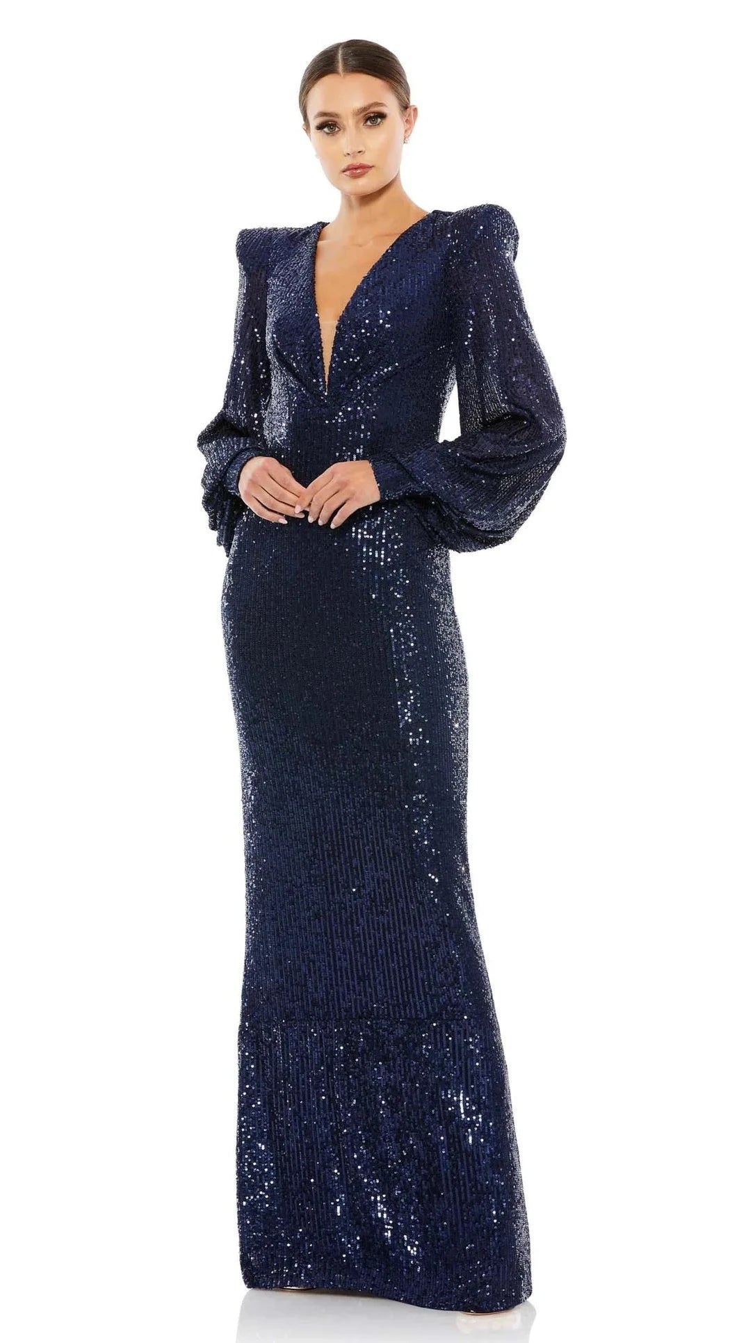 Sequined Plunge Neck Structured Bishop Sleeve Gown